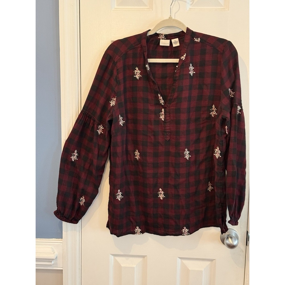 Westbound Boho Buffalo Plaid Red Black Floral Embroidered Blouse Size XL